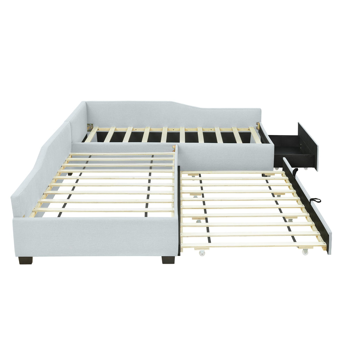 Beige Linen Upholstered Double Twin Size Daybed with Trundle and Drawer T292