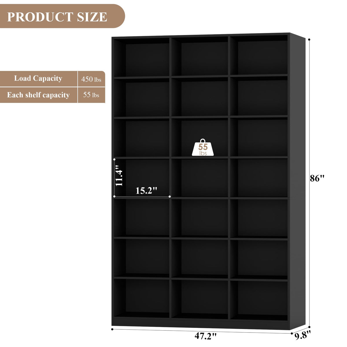 86" Triple Wide Black Bookshelf and Bookcase Q801164
