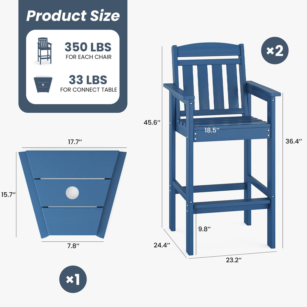 HDPE Adirondack Bar Stools Set of 2 with Connecting Tray T676633