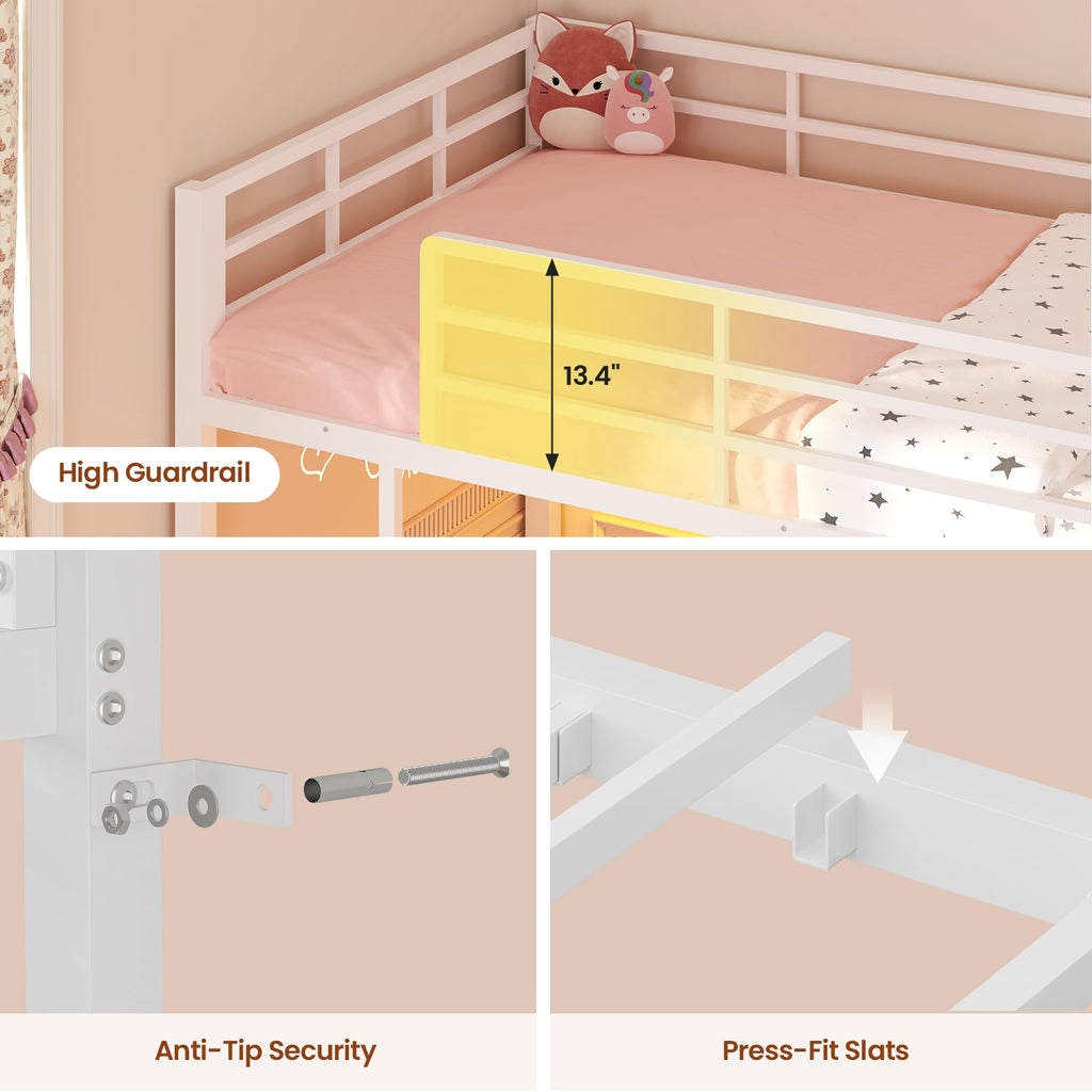 White Twin Over Twin Low Bunk Bed with Desk & 3 Storage Drawers W9035