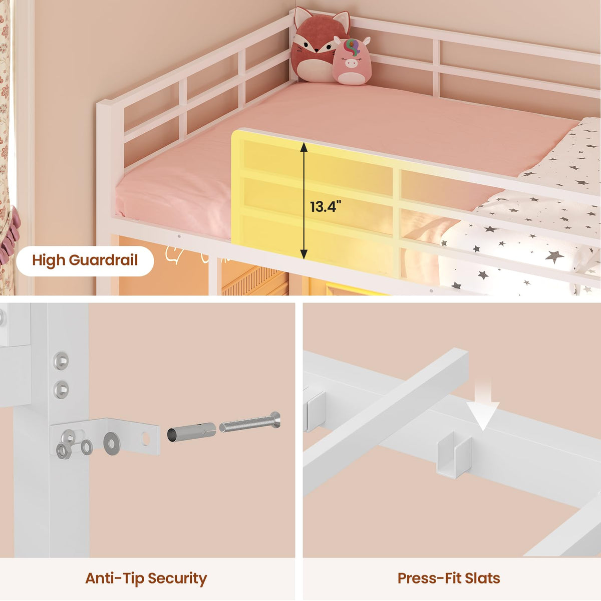 White Twin Over Twin Low Bunk Bed with Desk & 3 Storage Drawers W9035