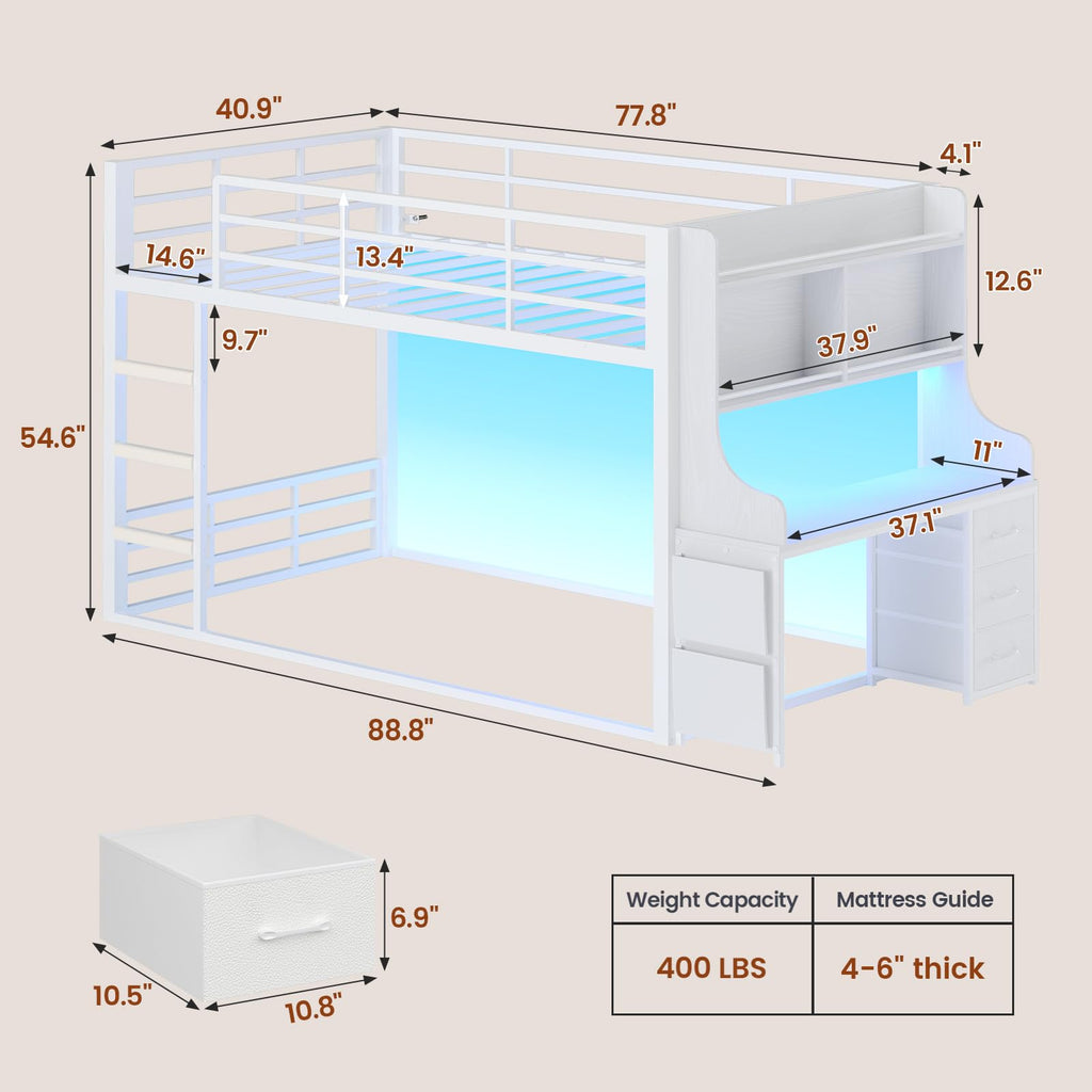 White Twin Over Twin Low Bunk Bed with Desk & 3 Storage Drawers W9035