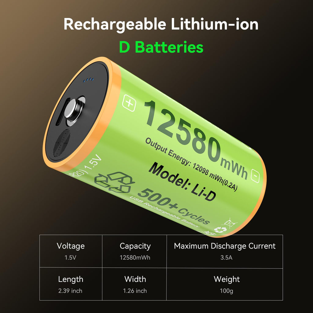 Rechargeable Lithium D Batteries 4 Pack X8702