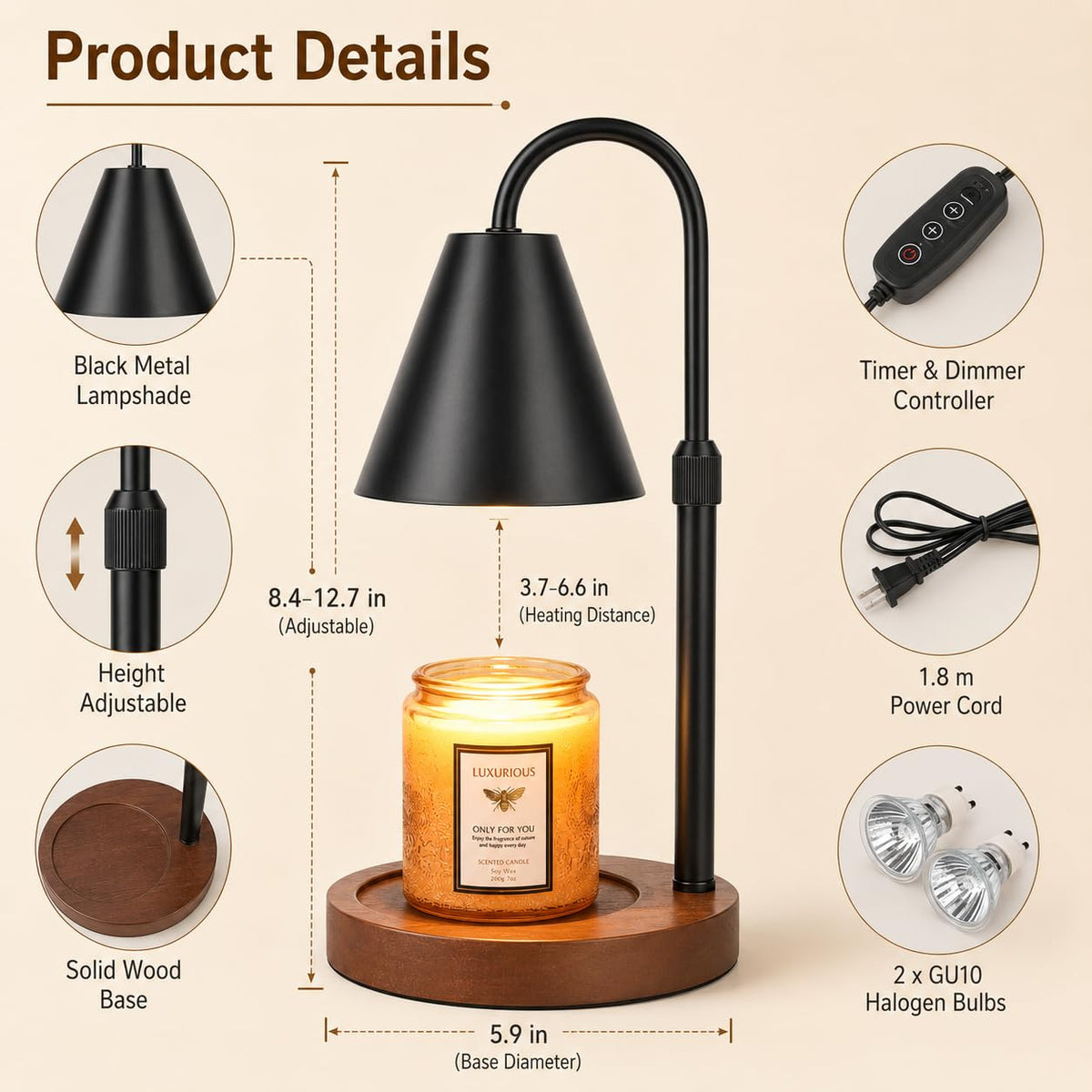 Flameless Candle Warmer Lamp with Timer and Dimmer F7458