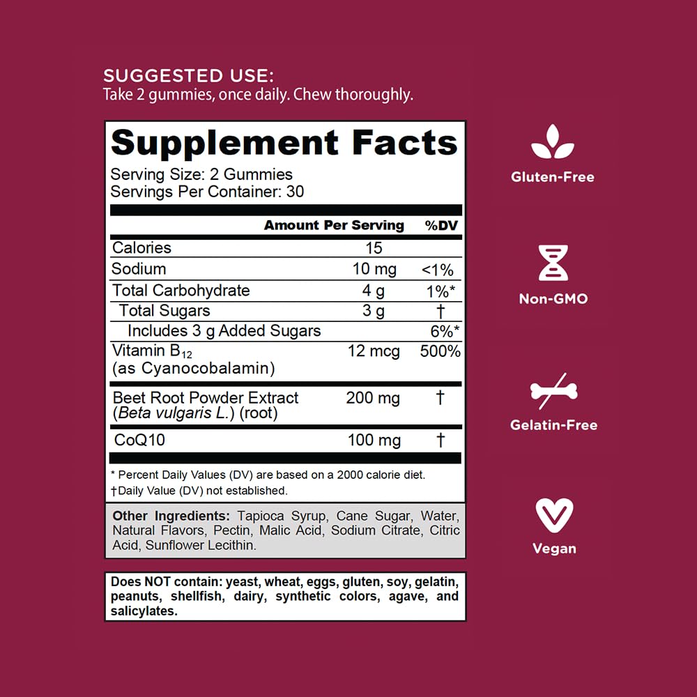Beets Cardio Gummy 60 Count CoQ10 Beet Root Extract Vegan Gluten-Free E43779