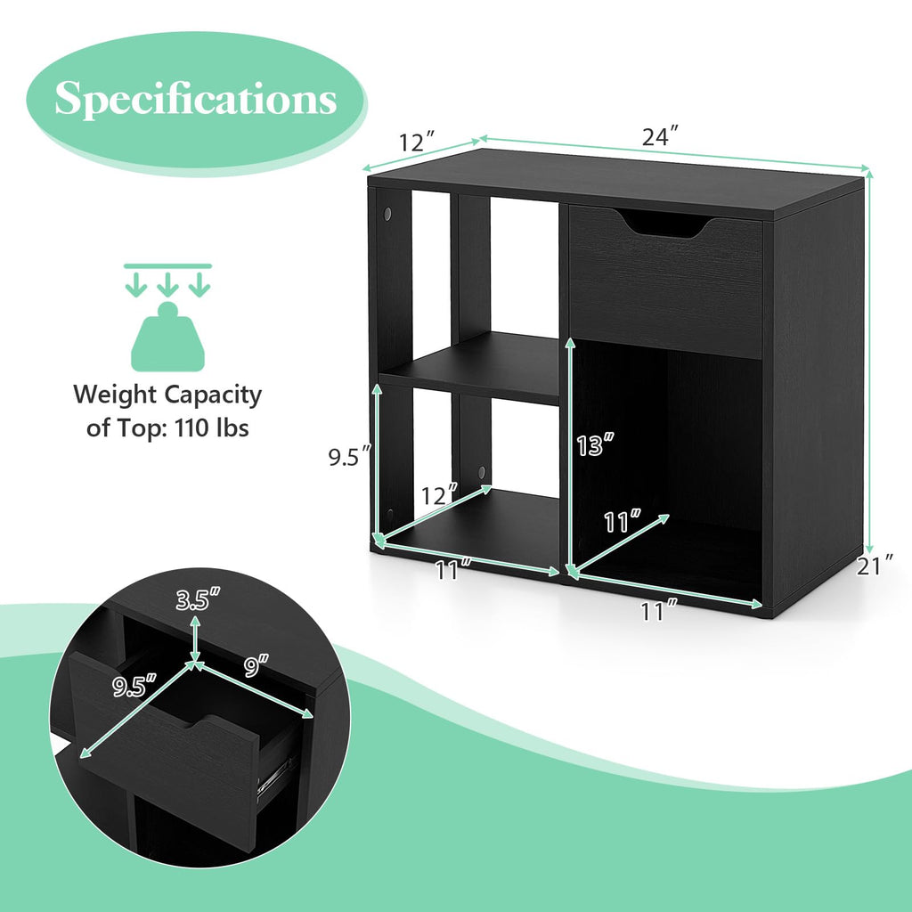 3 Cube Black Bookcase with Drawer K371
