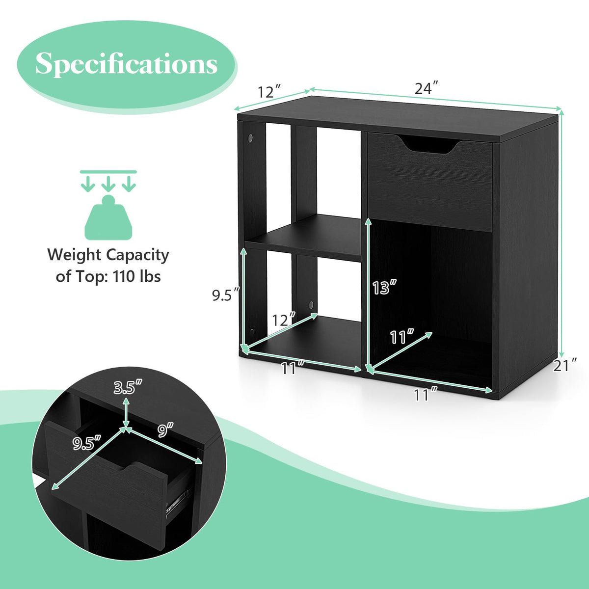 3 Cube Black Bookcase with Drawer K371