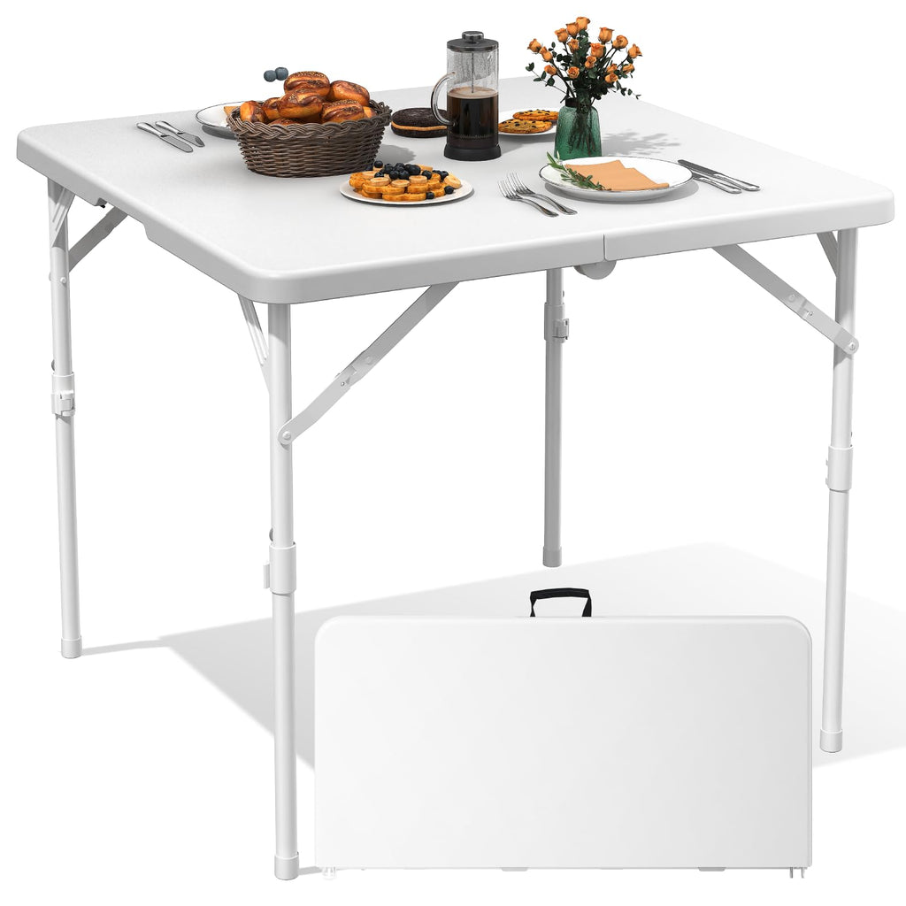 34" White Square Folding Plastic Table with Carrying Handle S768090