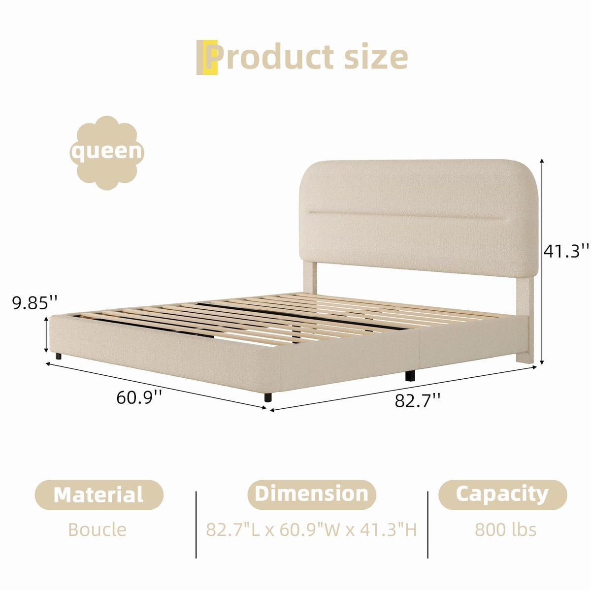 Cream Boucle Upholstered Queen Platform Bed D888