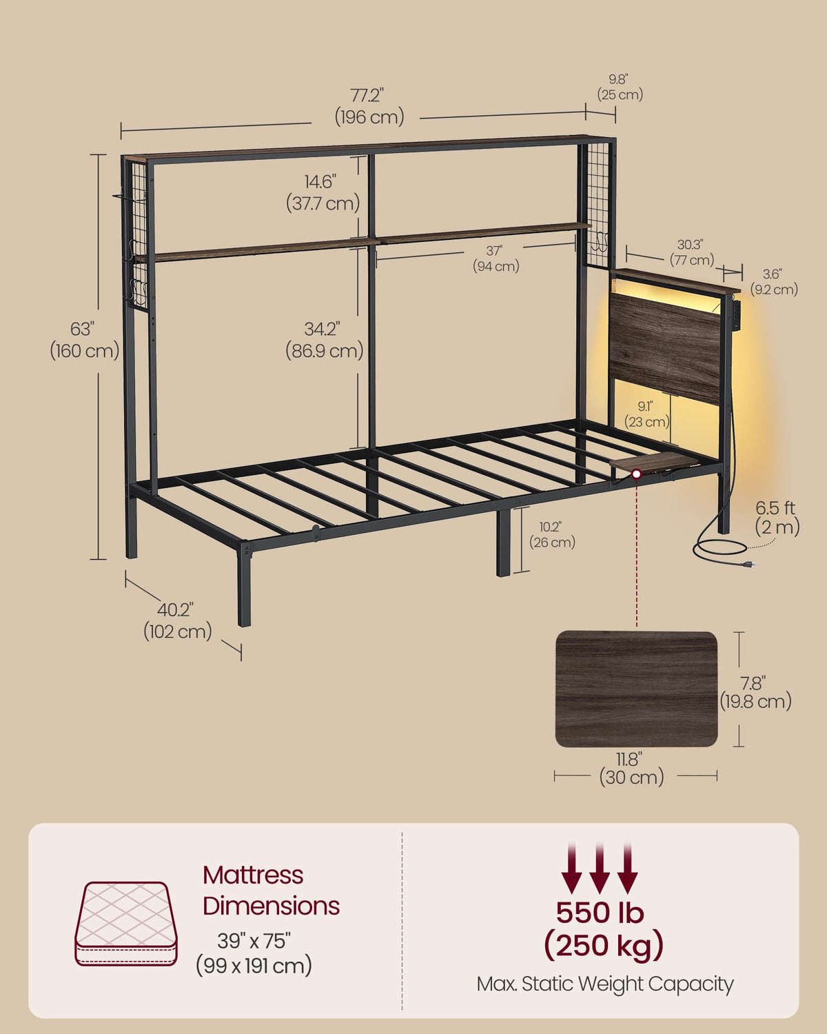 Twin Size Metal Bed Frame with Headboard S369845