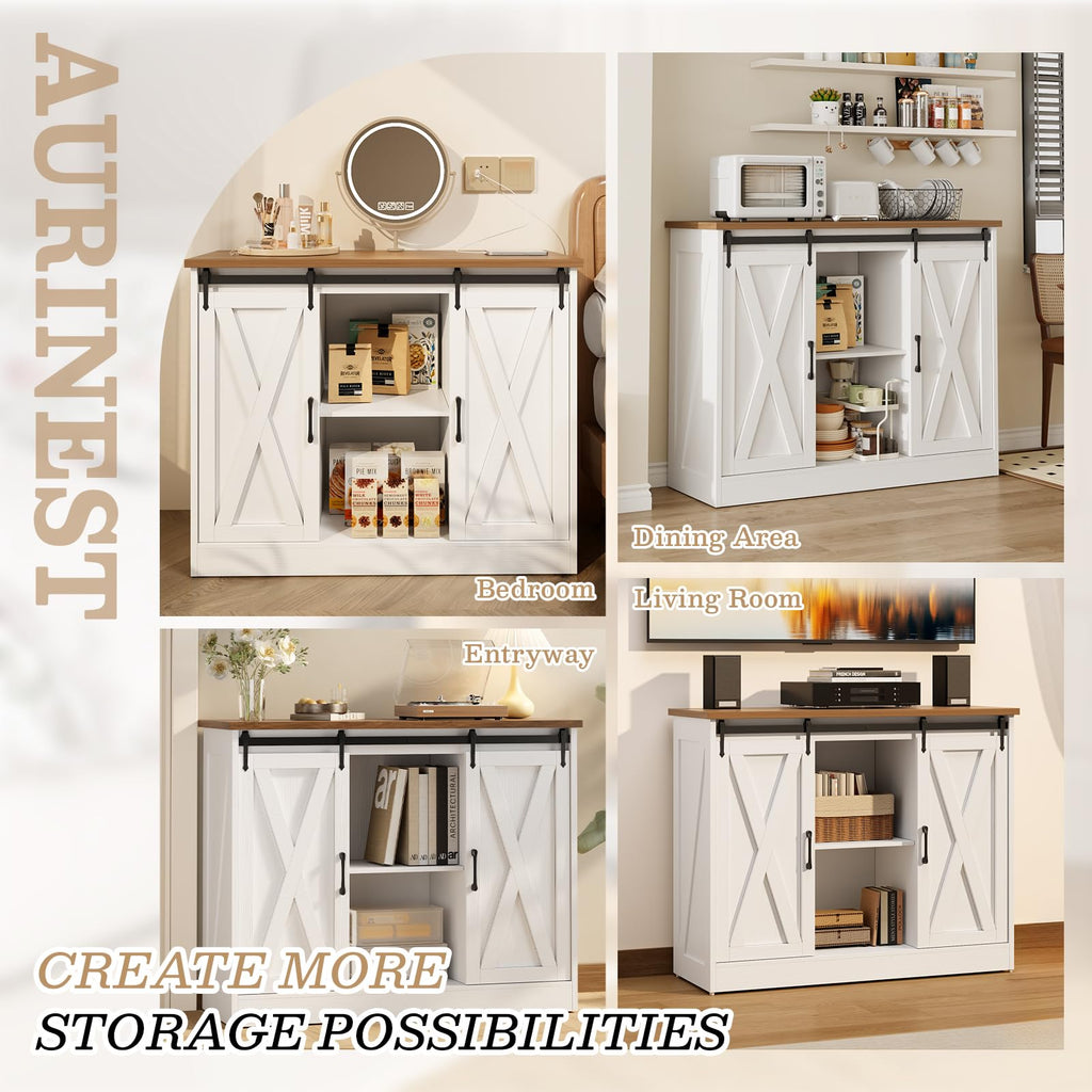 Rustic White Coffee Bar Cabinet with Sliding Barn Doors K469