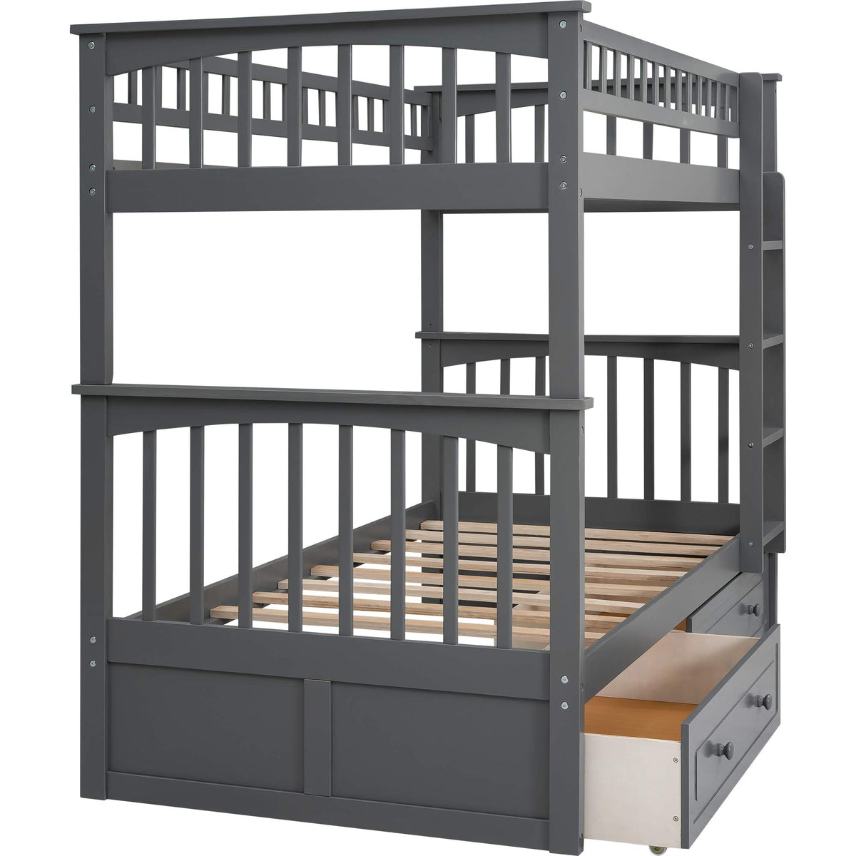 Grey Convertible Wood Twin-Over-Twin Bunk Bed with Storage Drawers and Ladder T538