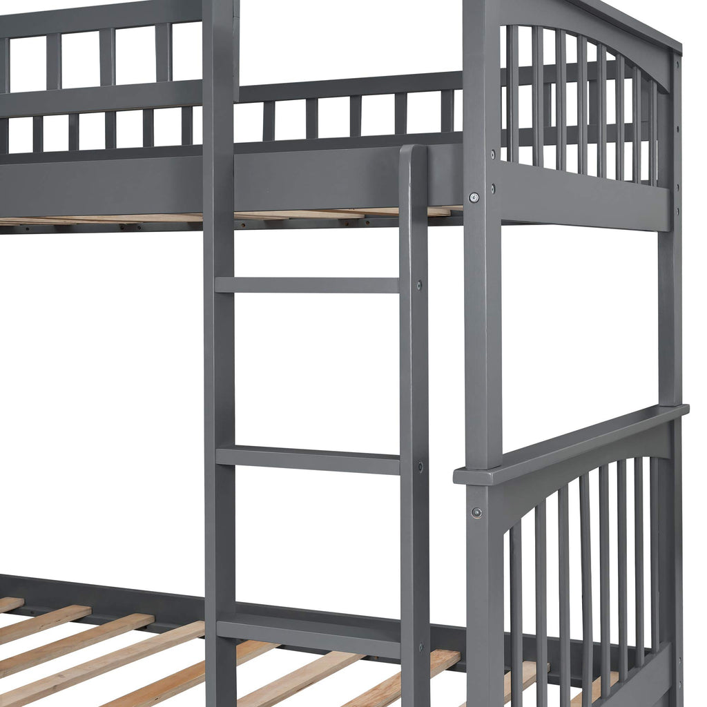 Grey Convertible Wood Twin-Over-Twin Bunk Bed with Storage Drawers and Ladder T538