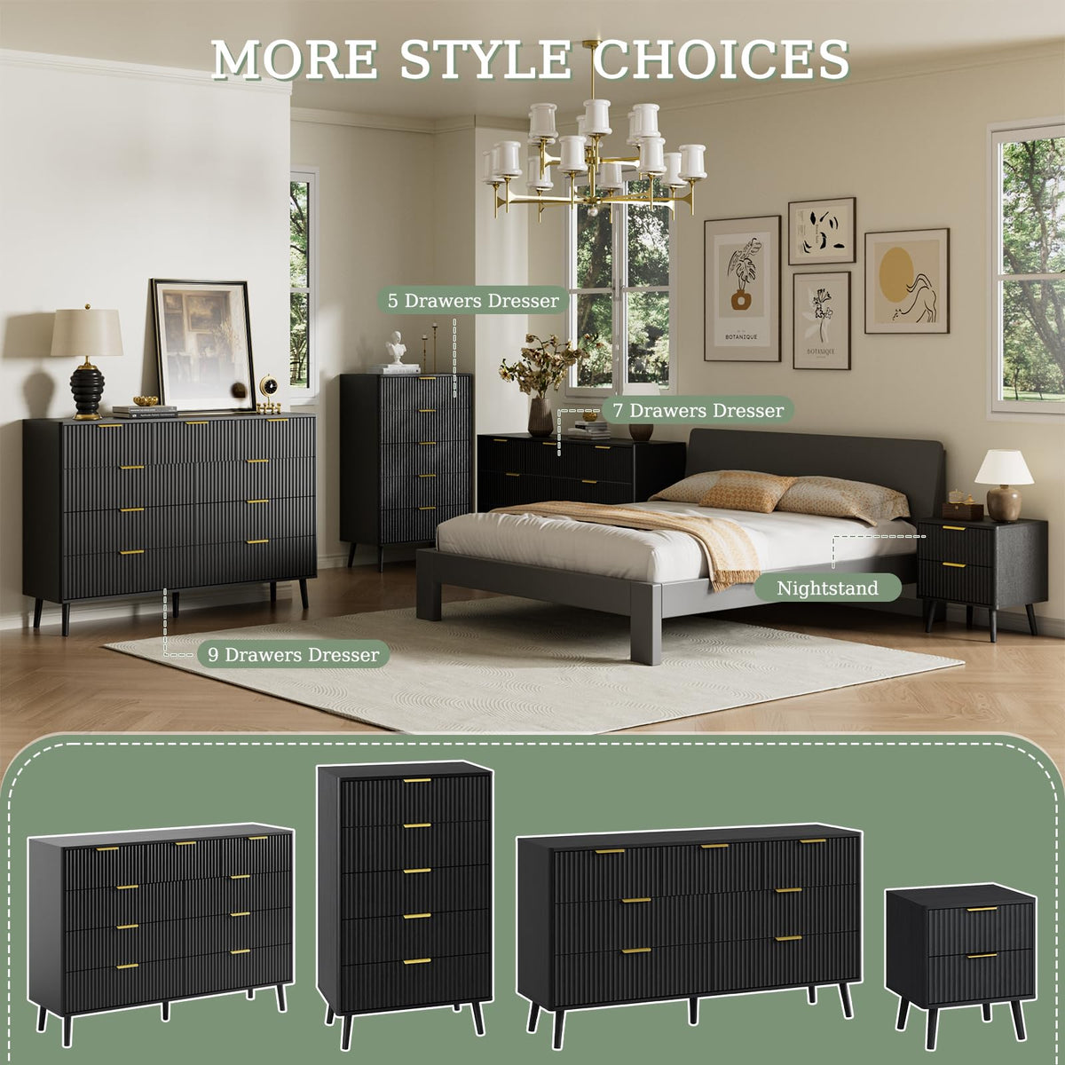 Black 9 Drawer Fluted Wood Dresser T566
