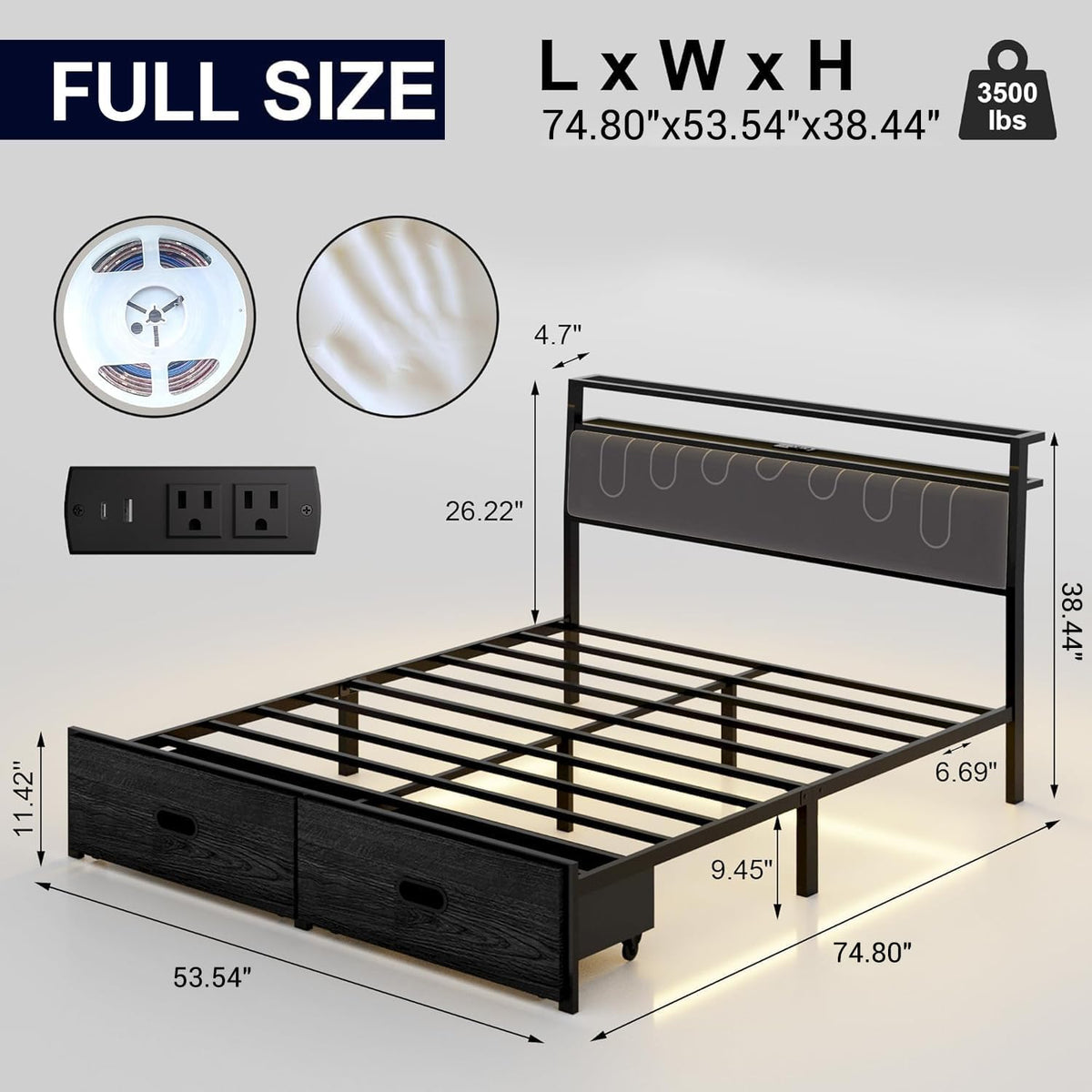 Full Bed Frame with 2 Drawers, LED Lights and Charging Station E5696