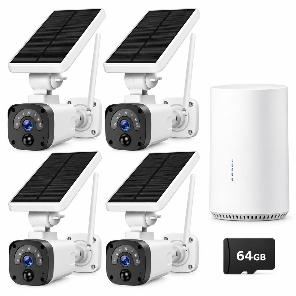 Solar Security Cameras Wireless Outdoor System 4-Cam 2.5K 64GB SD O27145