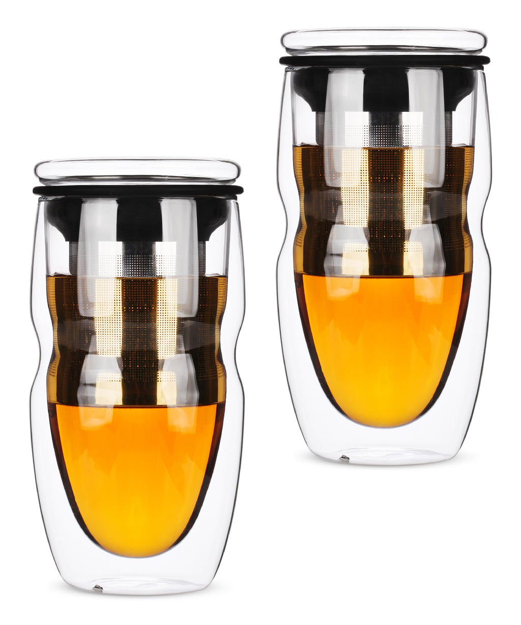 Double Wall Glass Tea Cup with Stainless Steel Infuser and Lid, 16 oz, 2 Pack I97106