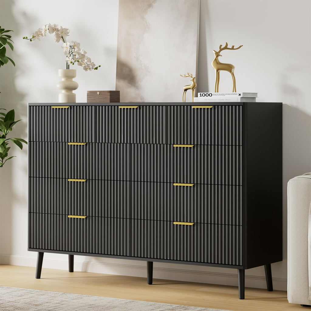 Black 9 Drawer Fluted Wood Dresser T566