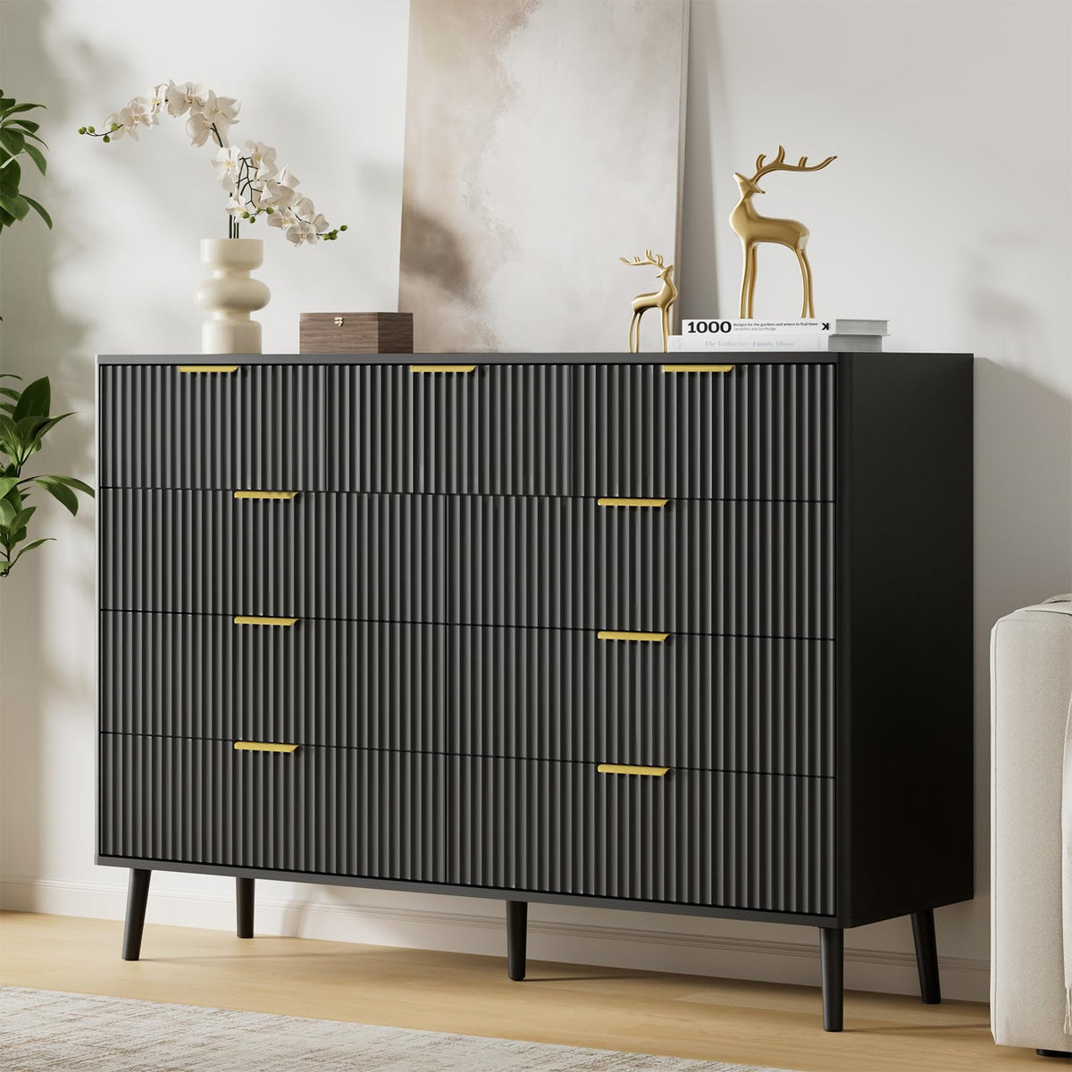 Black 9 Drawer Fluted Wood Dresser T566