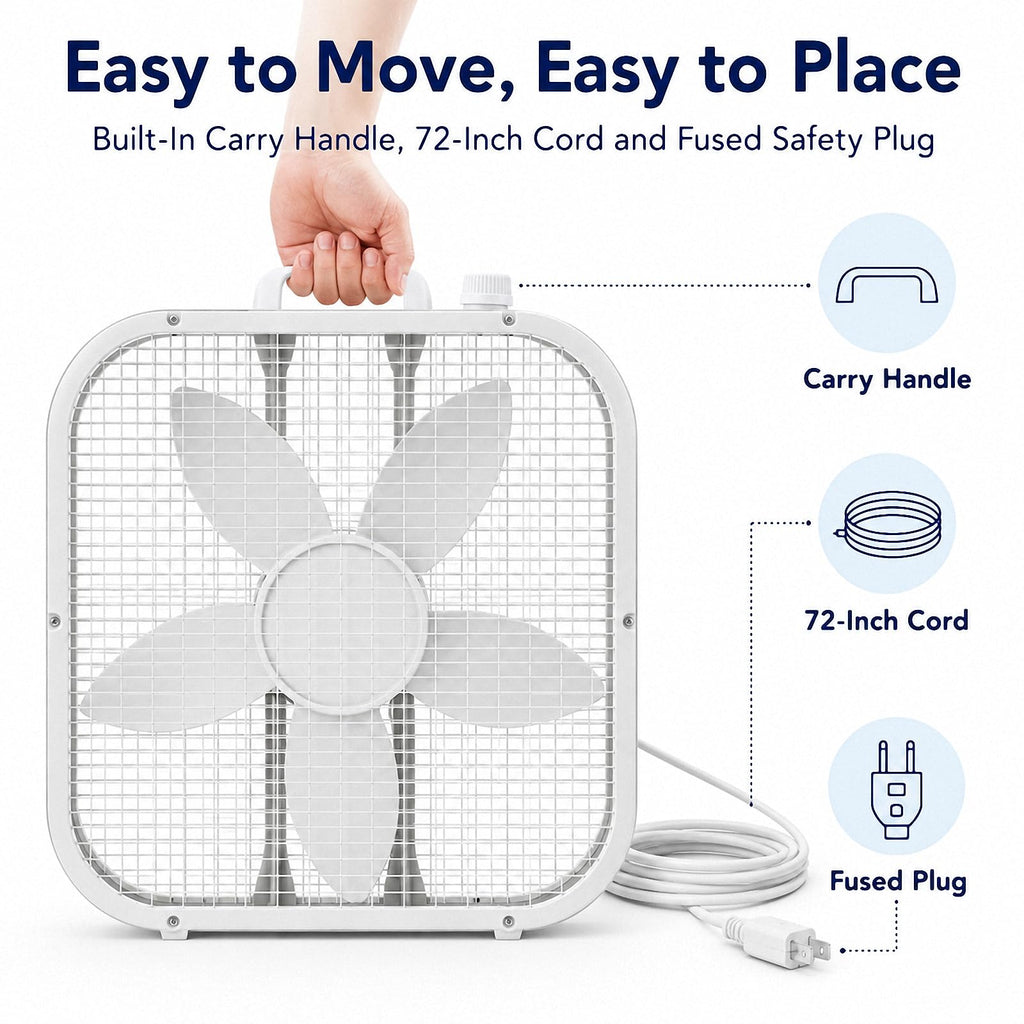 20 Inch Portable Box Fan with 3 Speeds, White B463