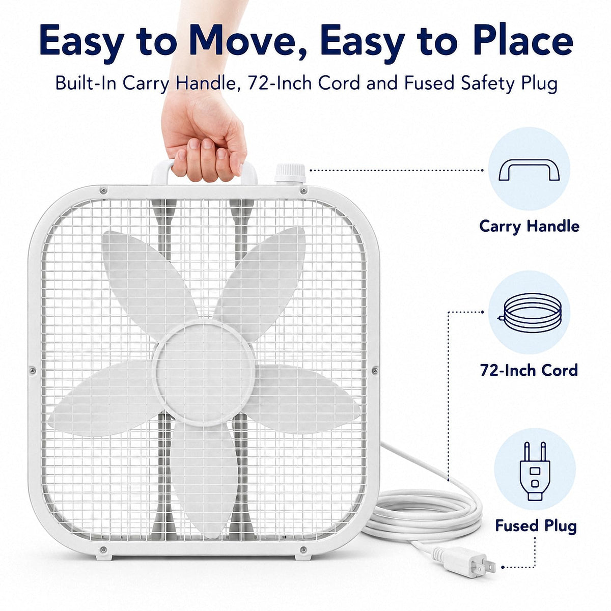 20 Inch Portable Box Fan with 3 Speeds, White B463