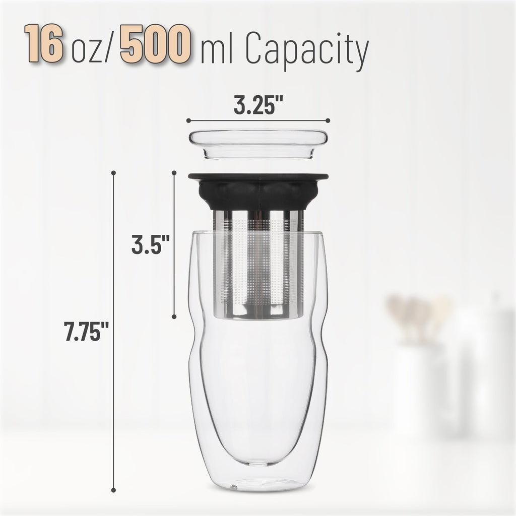 Double Wall Glass Tea Cup with Stainless Steel Infuser and Lid, 16 oz, 2 Pack I97106