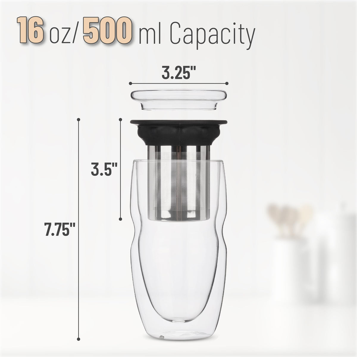 Double Wall Glass Tea Cup with Stainless Steel Infuser and Lid, 16 oz, 2 Pack I97106