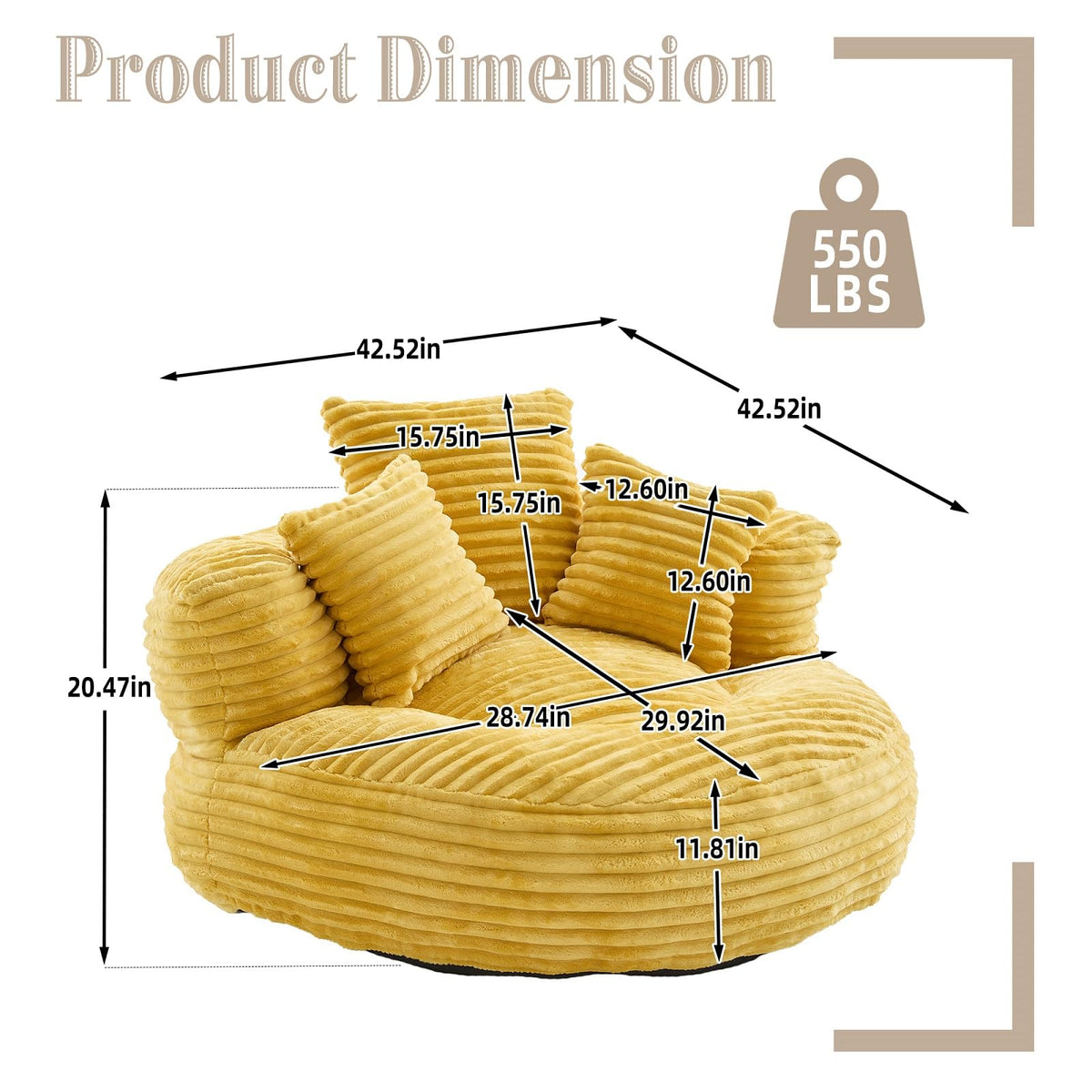 Oversized Corduroy Bean Bag Chair with 3 Pillows I3981