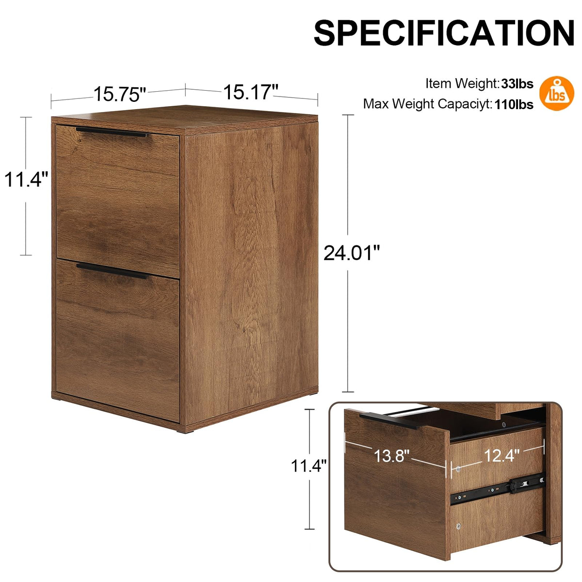 2 Drawer Wood File Cabinet with Hanging Bars Y870752