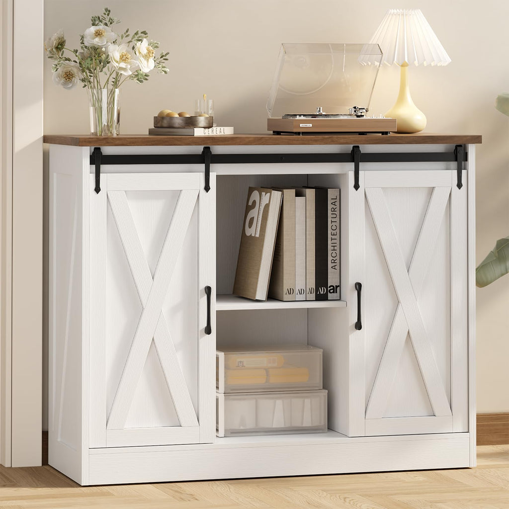 Rustic White Coffee Bar Cabinet with Sliding Barn Doors K469