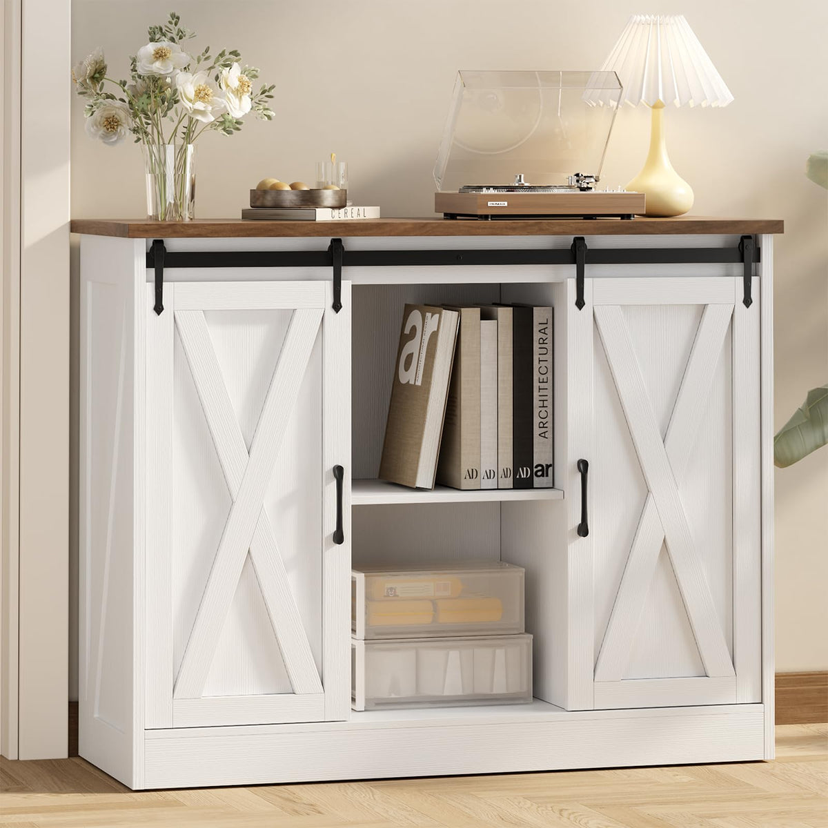 Rustic White Coffee Bar Cabinet with Sliding Barn Doors K469