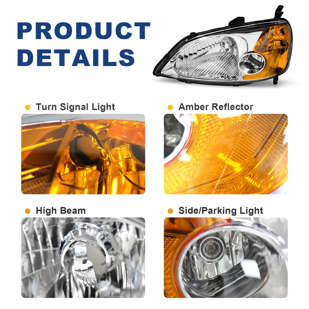 Headlight Assembly with Chrome Housing Amber Reflector Driver and Passenger Side B969