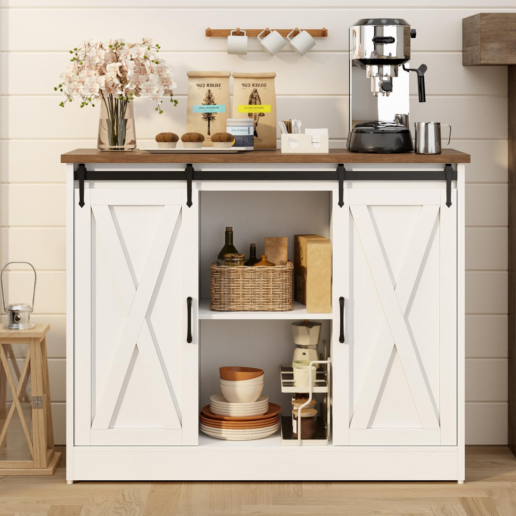 Rustic White Coffee Bar Cabinet with Sliding Barn Doors K469