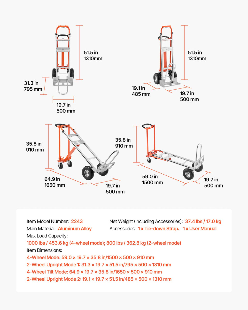 4 in 1 Hand Truck Dolly 1000 lbs Load Capacity B5196