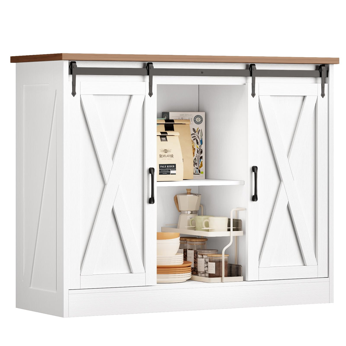 Rustic White Coffee Bar Cabinet with Sliding Barn Doors K469
