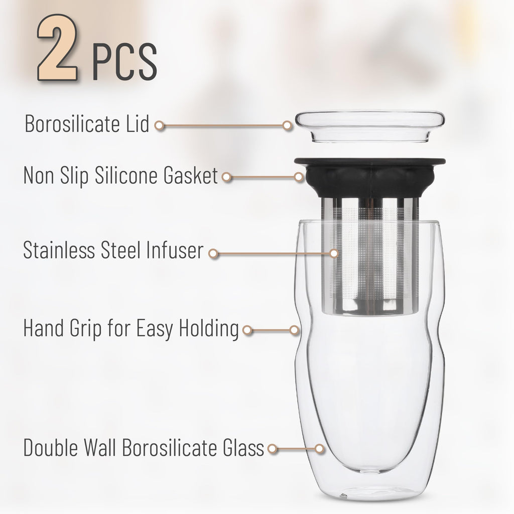 Double Wall Glass Tea Cup with Stainless Steel Infuser and Lid, 16 oz, 2 Pack I97106