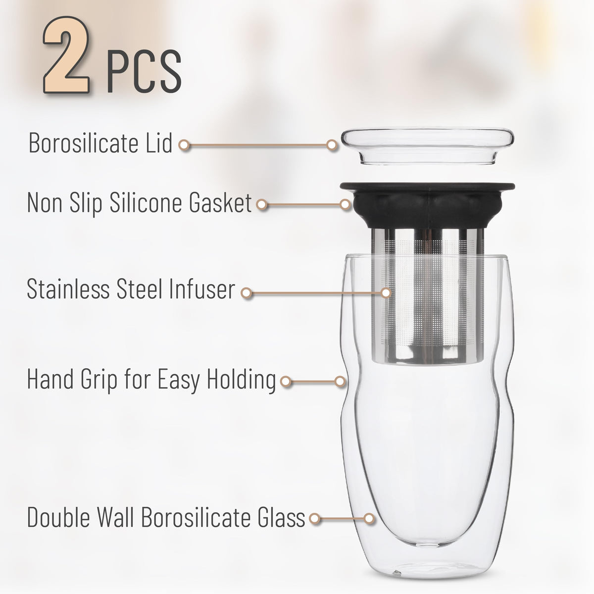 Double Wall Glass Tea Cup with Stainless Steel Infuser and Lid, 16 oz, 2 Pack I97106
