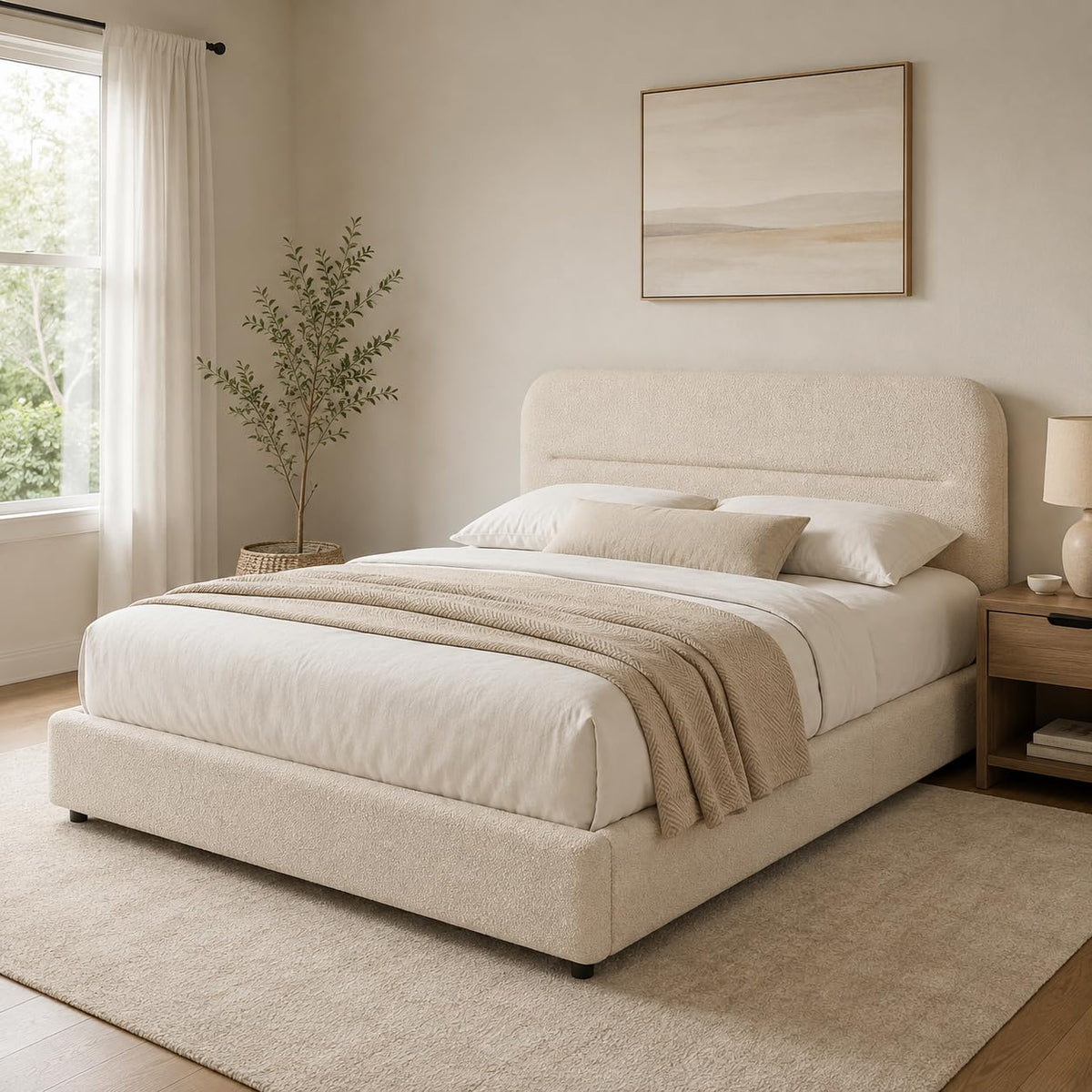 Cream Boucle Upholstered Queen Platform Bed D888