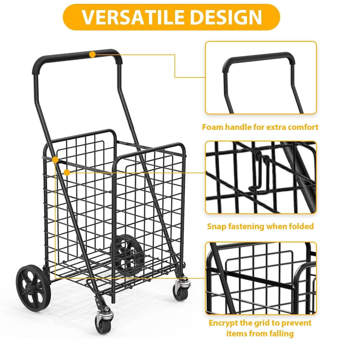 Grocery Shopping Cart with Swivel Wheels, Collapsible Utility Cart L113