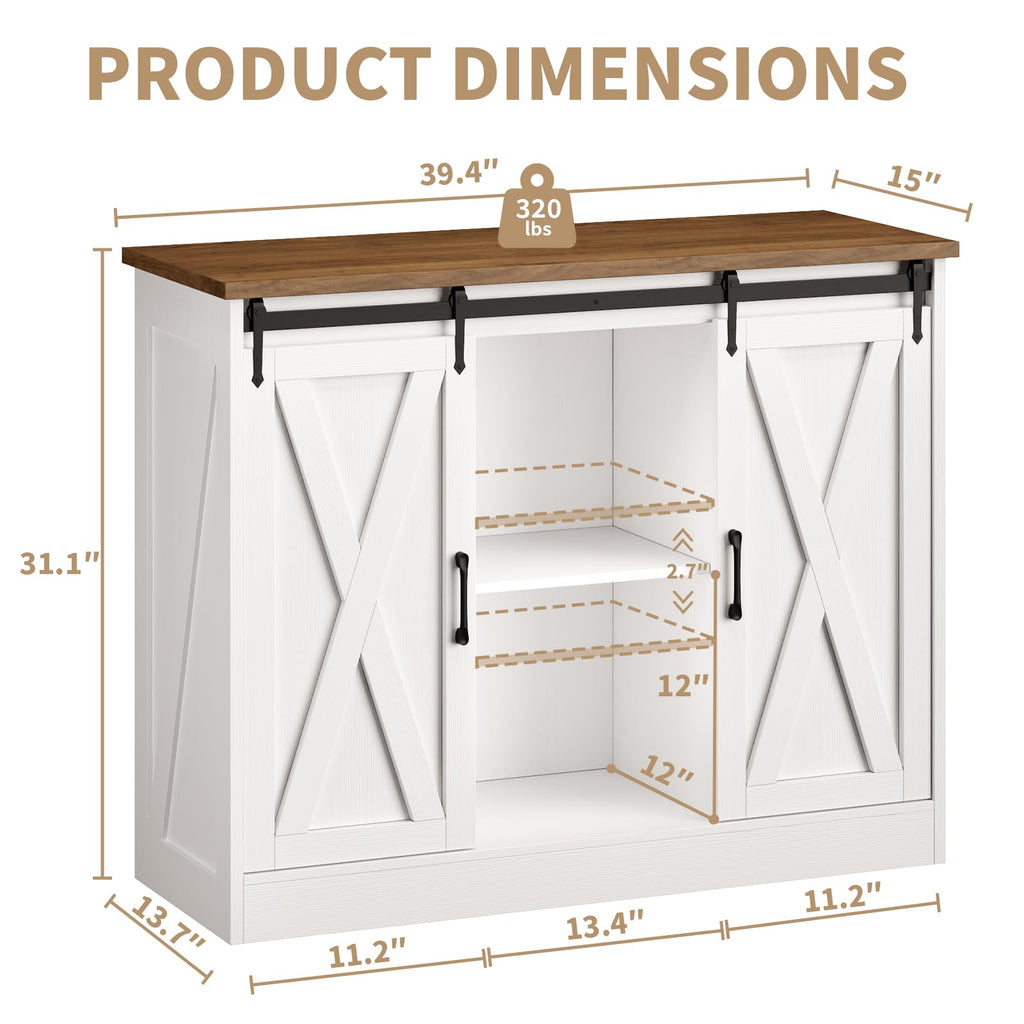 Rustic White Coffee Bar Cabinet with Sliding Barn Doors K469