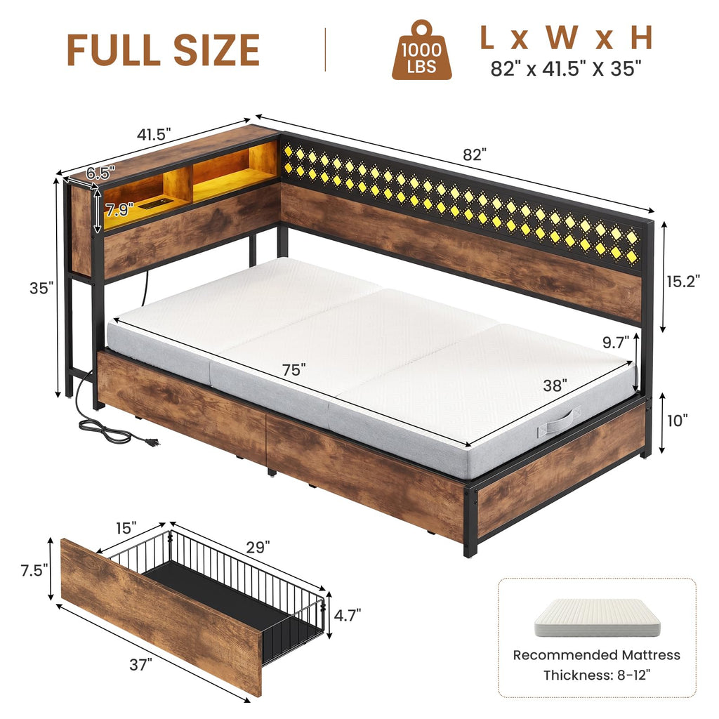 Twin Corner Bed Frame with Mattress and 2 Storage Drawers U1489