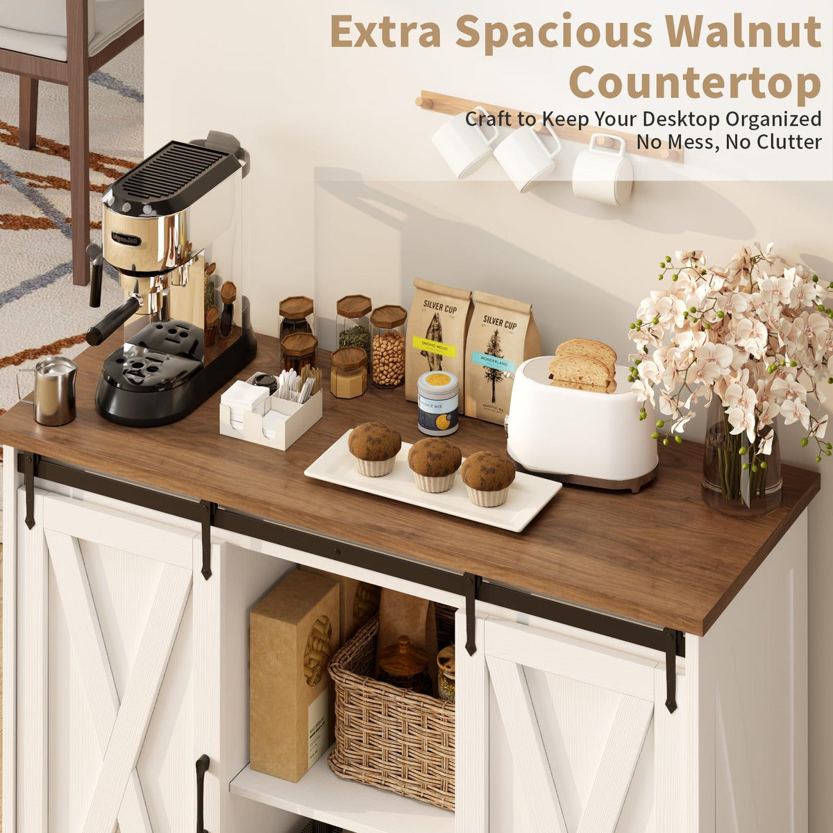 Rustic White Coffee Bar Cabinet with Sliding Barn Doors K469