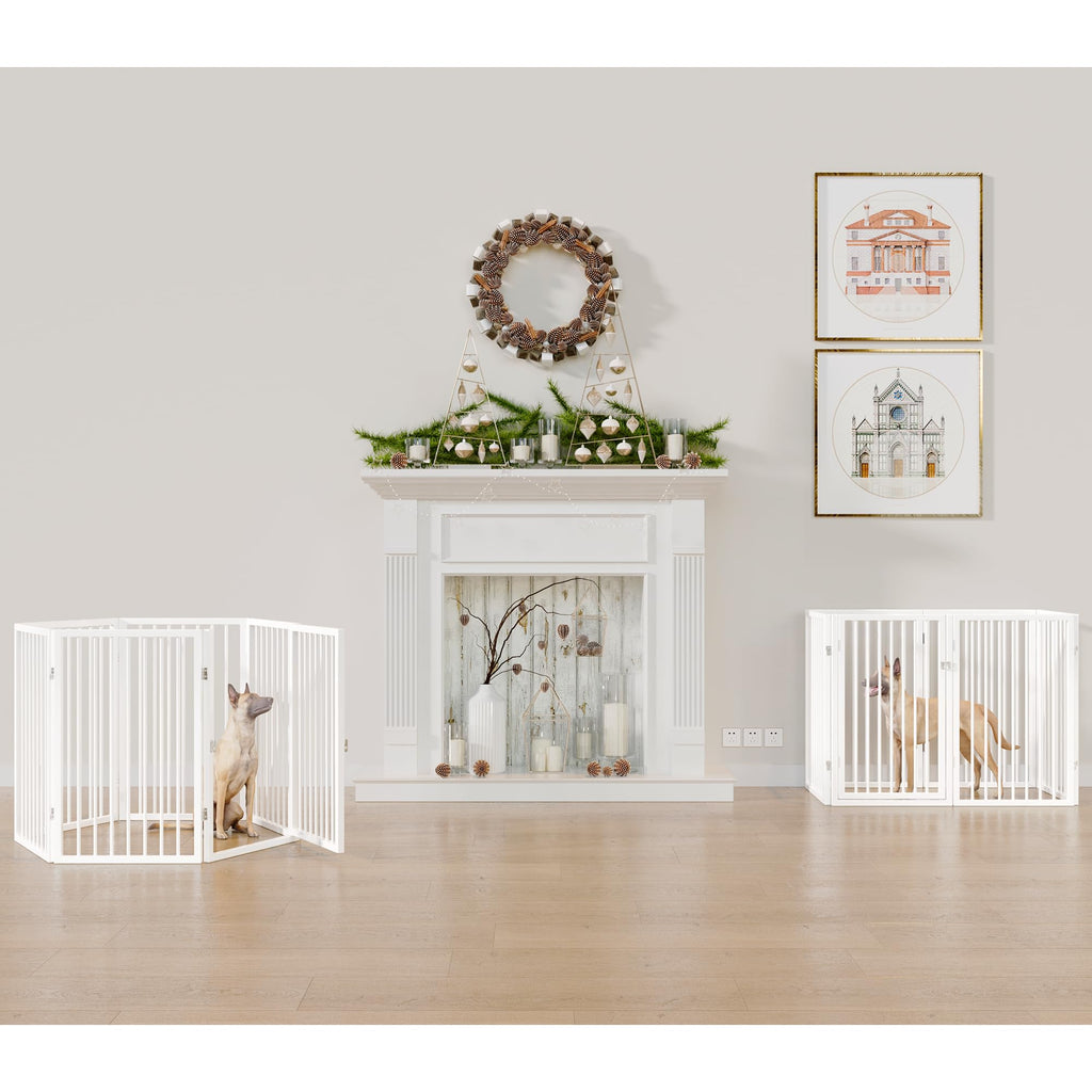 120" x 32" Foldable Freestanding Extra Wide Dog Gate with Door, White V1971