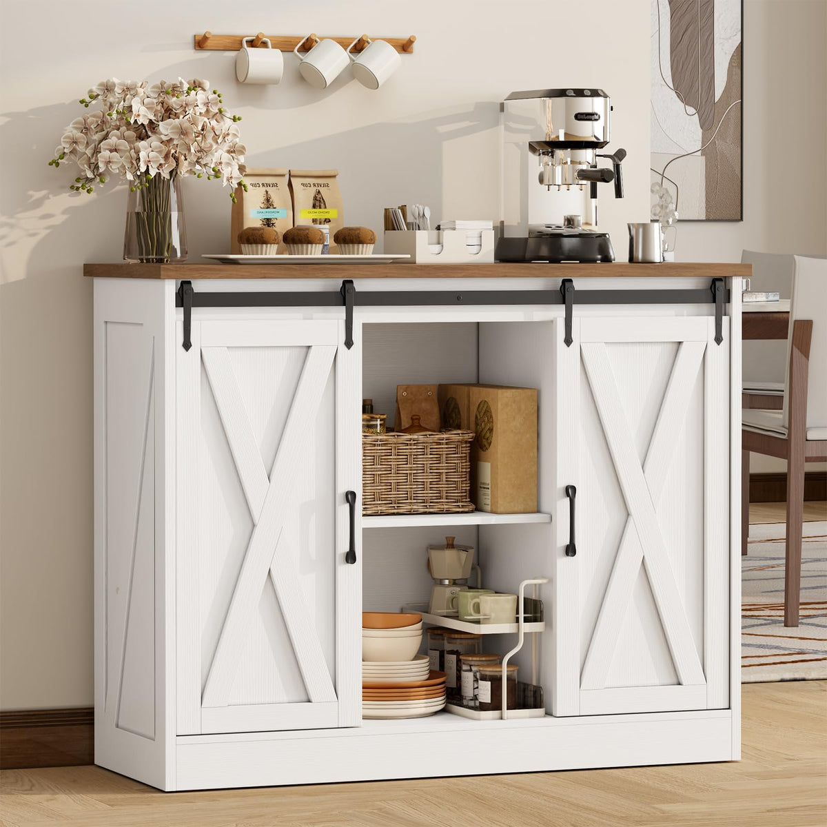 Rustic White Coffee Bar Cabinet with Sliding Barn Doors K469