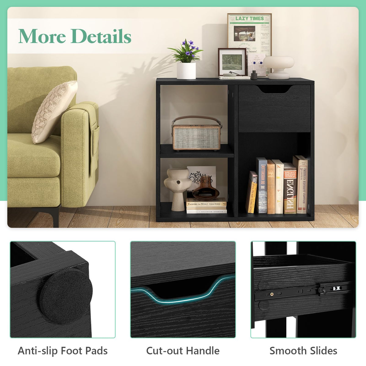 3 Cube Black Bookcase with Drawer K371