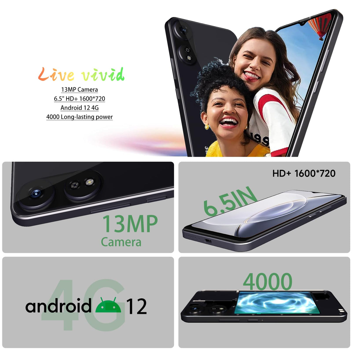 4G LTE Unlocked Cell Phone 6.5” HD+ Screen 3GB RAM Android 12 13MP Dual SIM Black C484