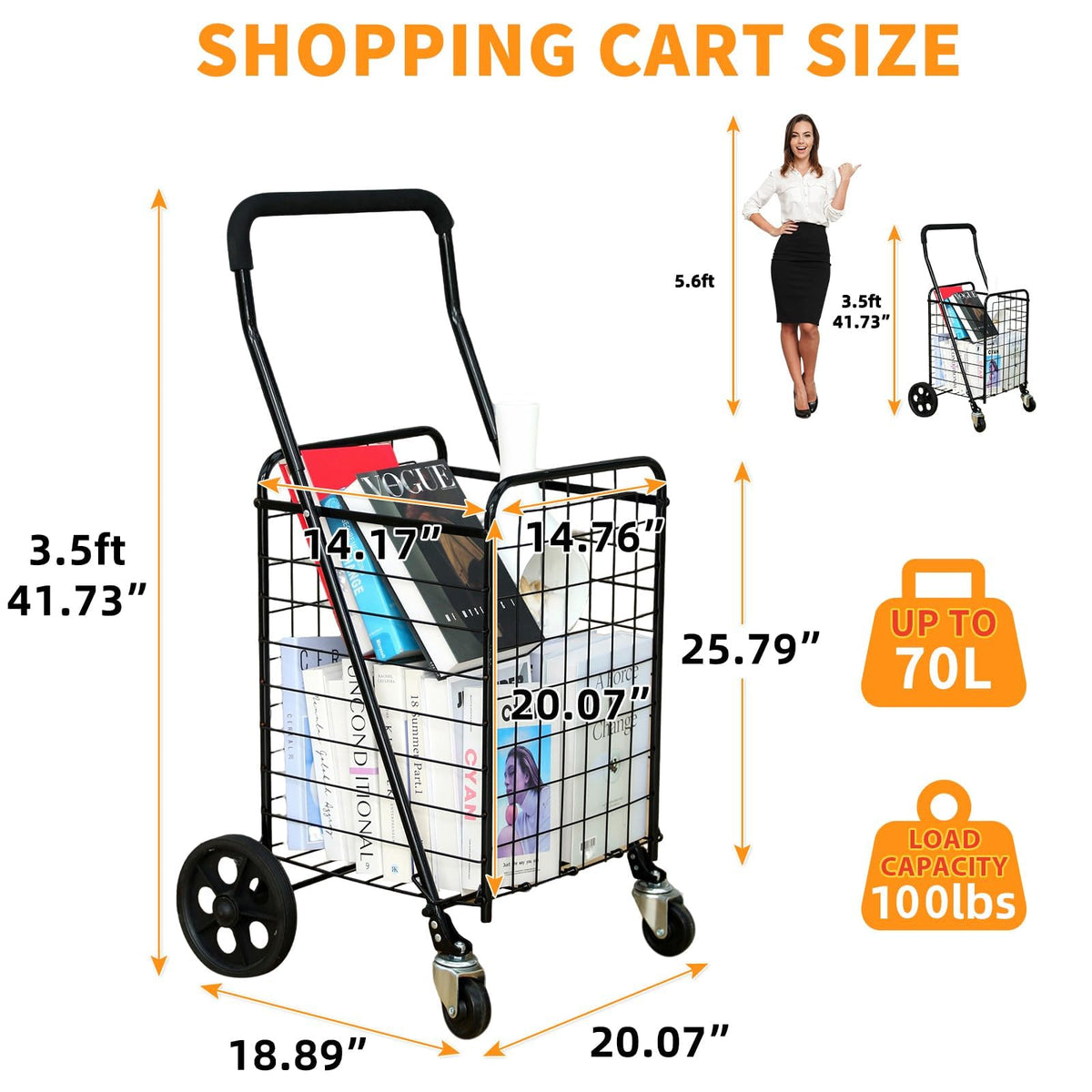 Grocery Shopping Cart with Swivel Wheels, Collapsible Utility Cart L113