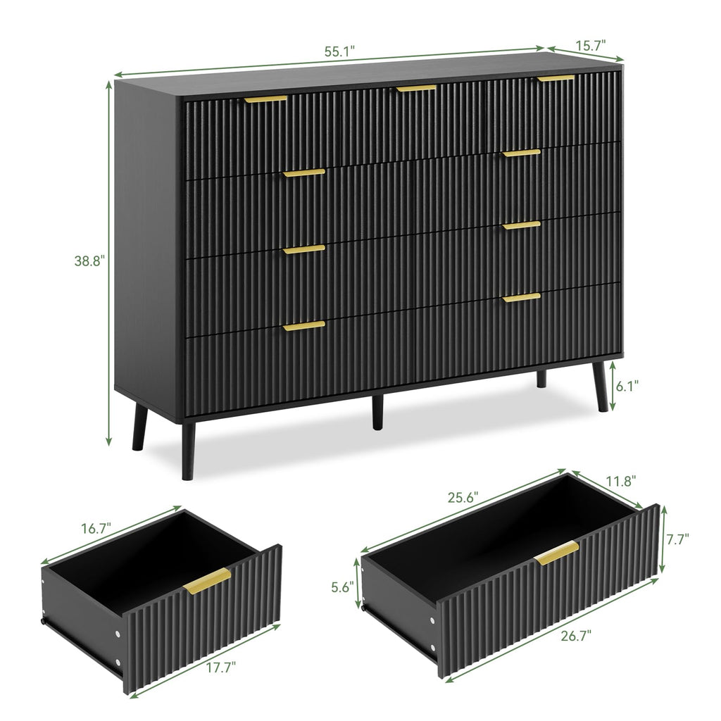 Black 9 Drawer Fluted Wood Dresser T566