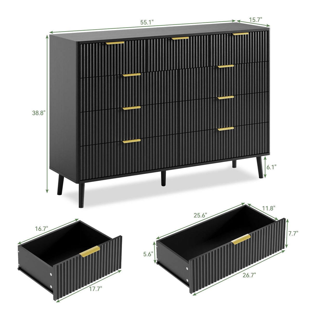 Black 9 Drawer Fluted Wood Dresser T566