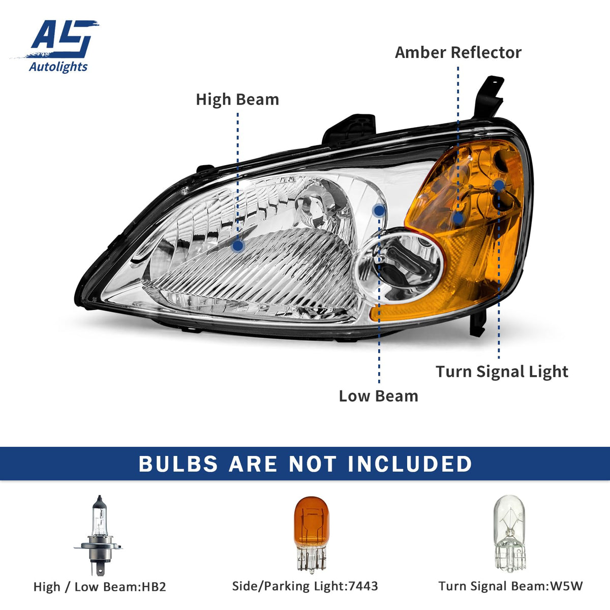 Headlight Assembly with Chrome Housing Amber Reflector Driver and Passenger Side B969